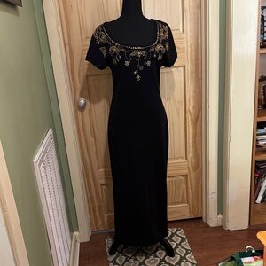VTG Carole Little Black Maxi Dress with Gold Detailing Made in Hong Kong